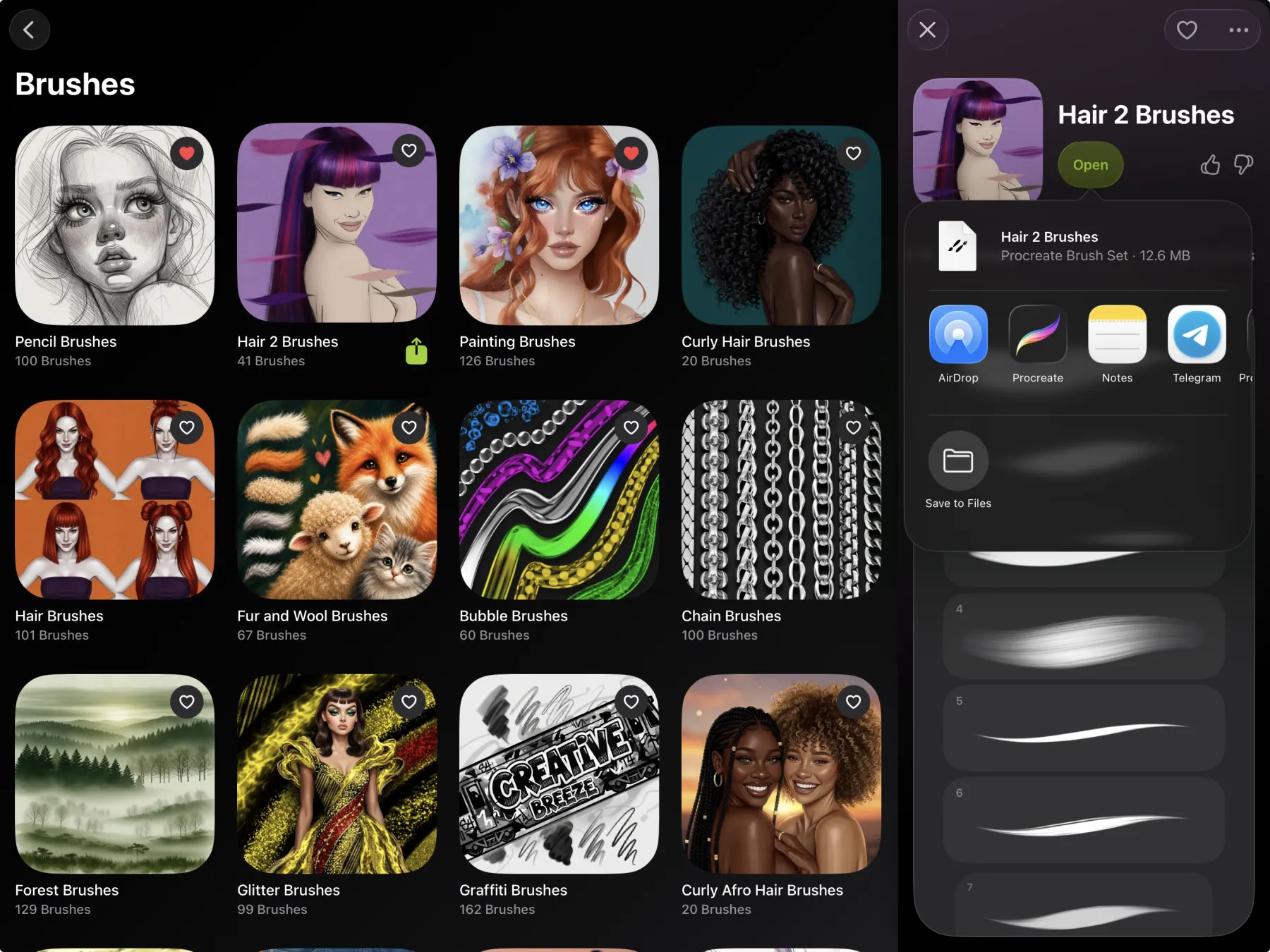 Hair 2 Brushes pack ready to open directly in Procreate from the iPad app